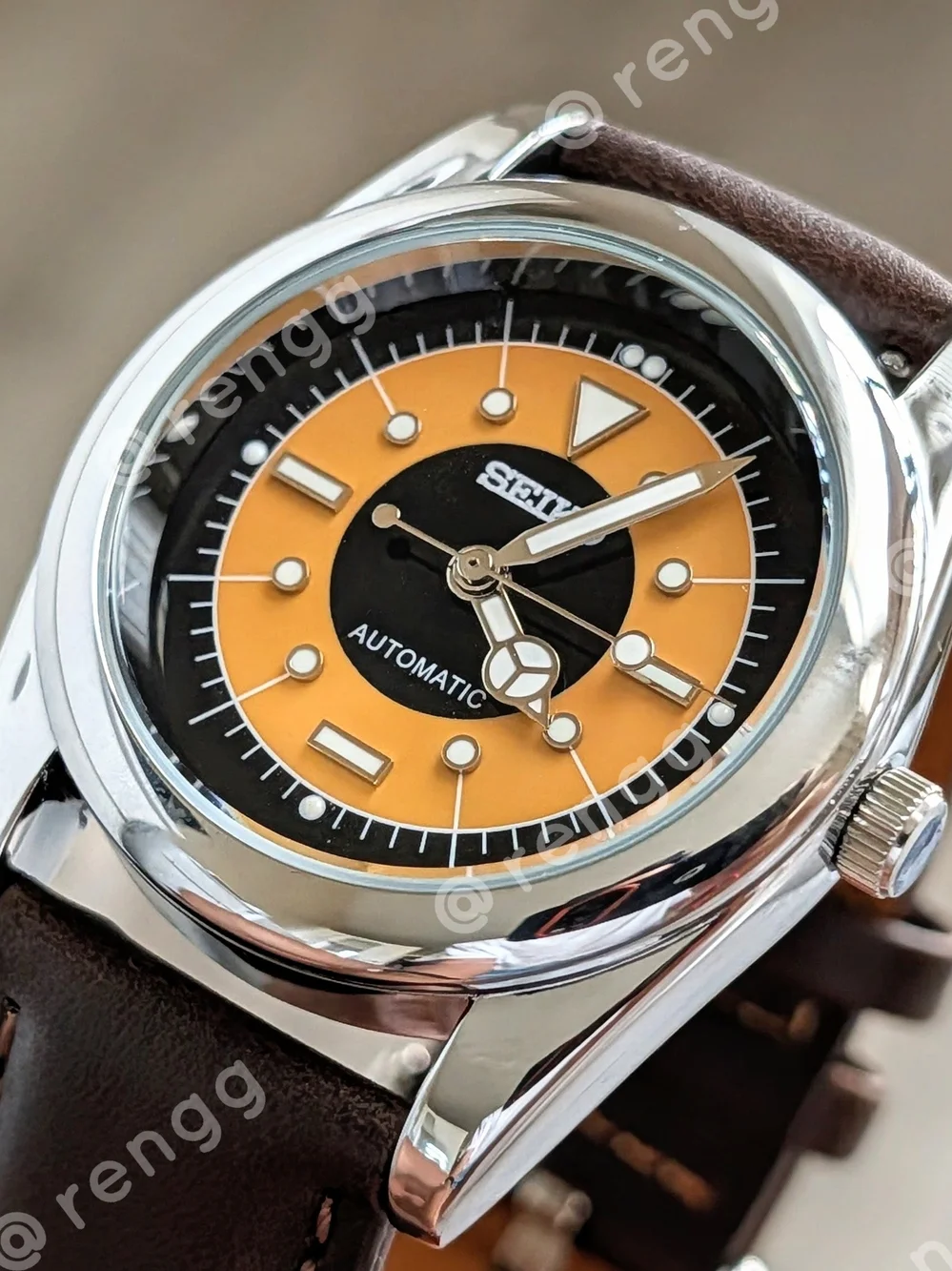 Seiko Orange & Black THE EYE Leather Strap Watch Smooth Sweep Second